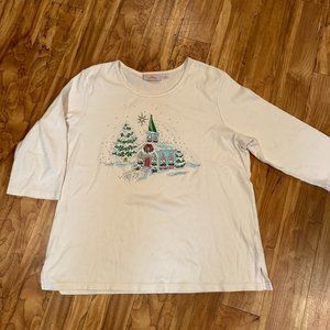 Vintage White Glittery Quacker Factory Holiday Church Shirt! ✨🎄. Size L